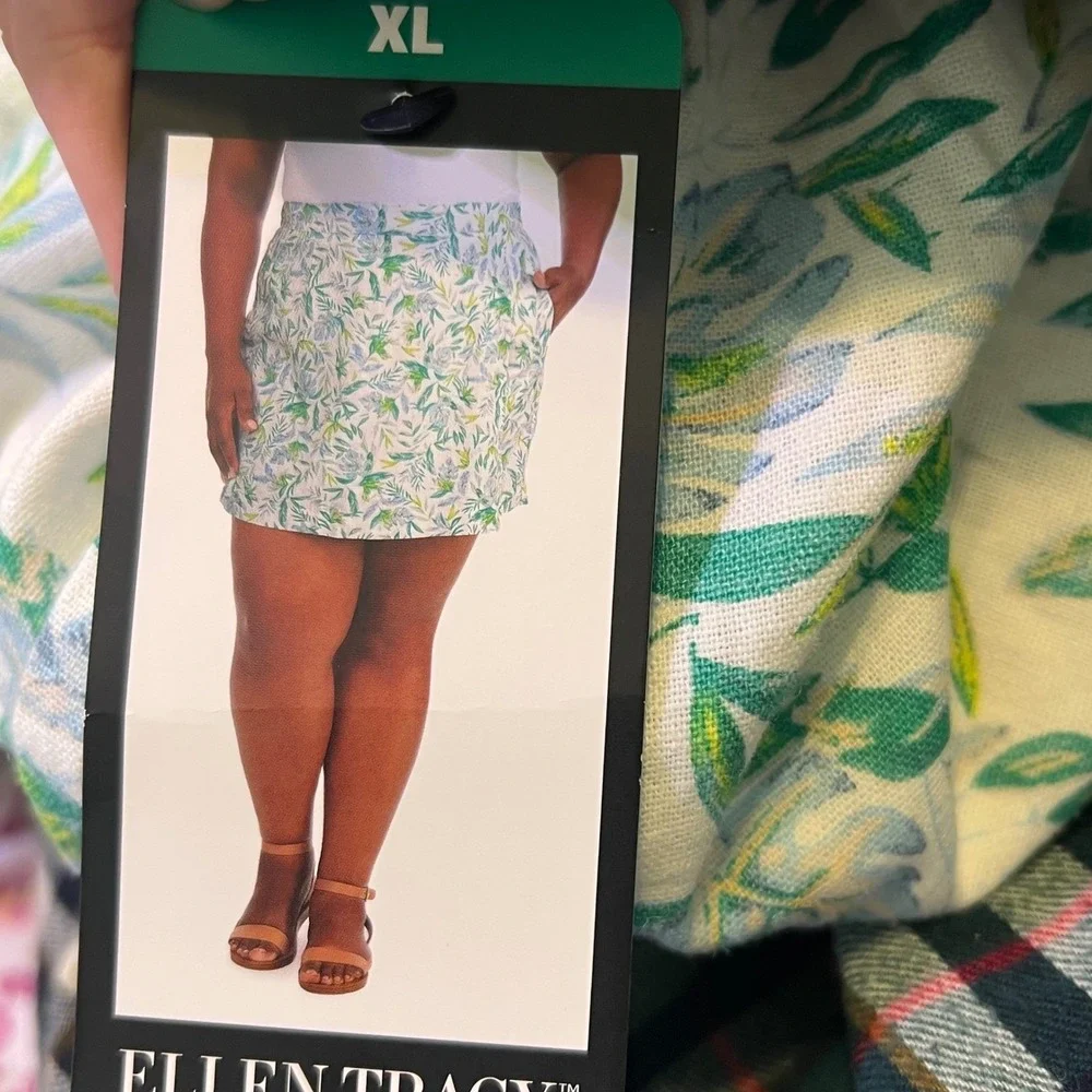 Ellen Tracy Womens Linen Blend Tropical Floral Print Shorts White‎ Green XL NWT